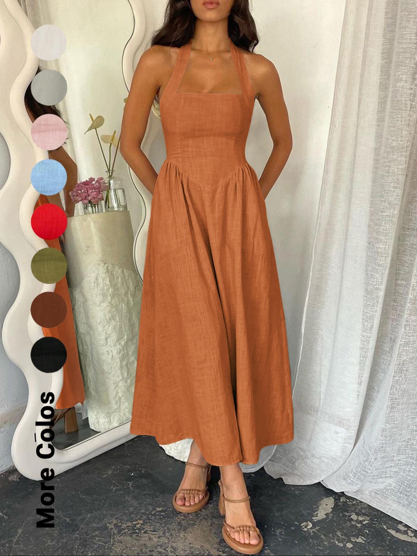 Women's Plain Pocket Zipper Back Dress, Casual Sleeveless Halter Neck A Line Dress for Summer, Ladies Clothes for Beach Holiday, Brunch Dresses, Casual Wear, Womenswear