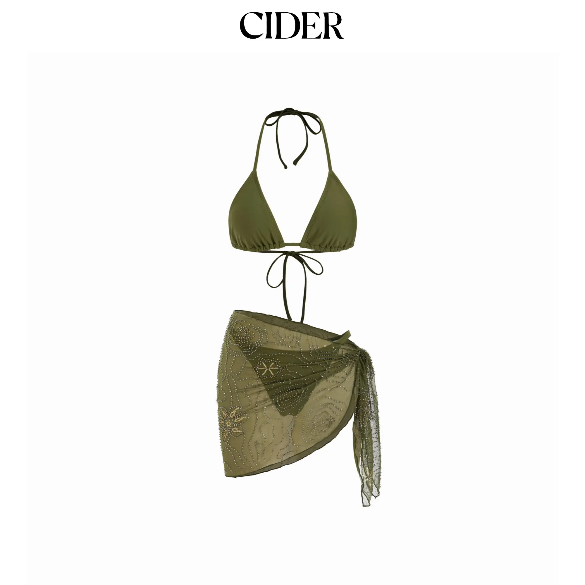 Cider Halter Neckline Triangle Bikini Set With Sequin & Bead Detail Sarong