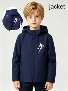 Boys' Hooded Long Sleeve Jacket, Plain Sporty Print, Casual Loose-Fit, Spring & Fall, Perfect for Daily Wear and Outdoor Activities