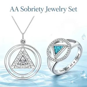 AA Sobriety Jewelry Set for Women Zinc Alloy Rotatable Spinner Necklace Turquoise Enamel Triangle CZ Ring Engraved One Day At A Time Alcoholics Anonymous Anti Stress Fidget Addiction Recovery Sober Anniversary Encouragement Gift for Her Jewelry
