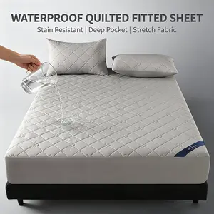 Waterproof Quilted Diamond Stitch Fitted Sheet Set with 2 Pillowcases, Stain Resistant Stretch Deep Pocket Mattress Protector, Liquid Barrier Breathable Noiseless Bed Cover for Single Double Queen King Bed