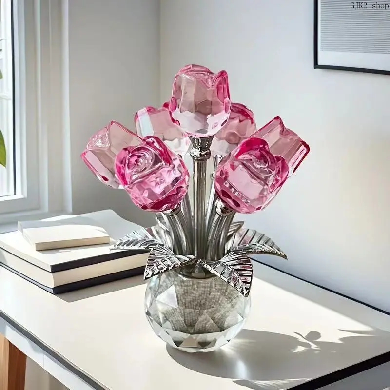 Crystal Rose Flower Design Ornament, 1 Count Creative Rose Flower Statue, Decorative Flower for Home Living Room Bedroom Office, Lifelike Flower, Vibrant Crystal Flowers