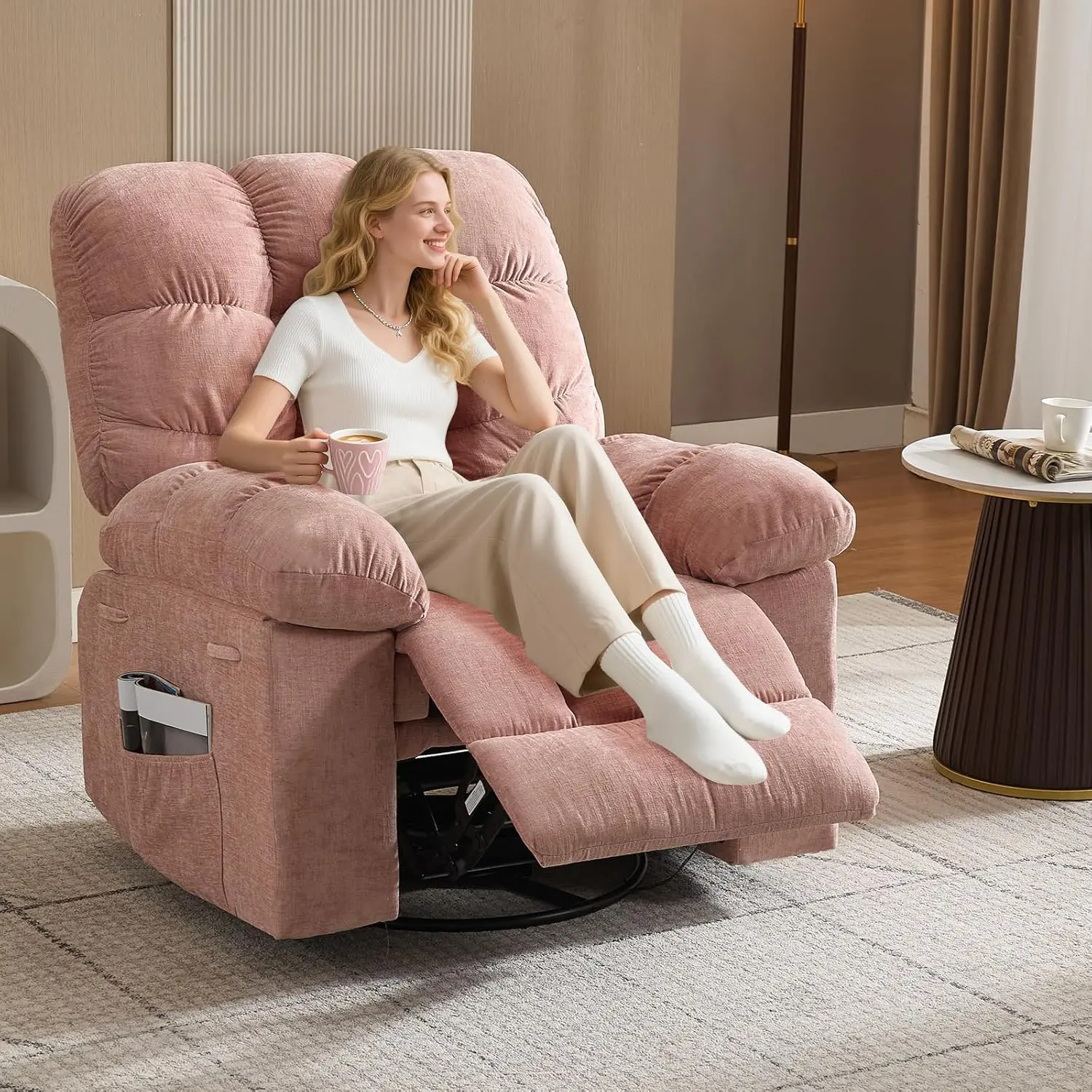 21.3" Width Single Seat Cloud Recliner Chair - Chenille Upholstery, Manual Rock & Swivel, Heat & Mass., Wider Shape, Gray/Pink/Green Indoor Furniture Chair