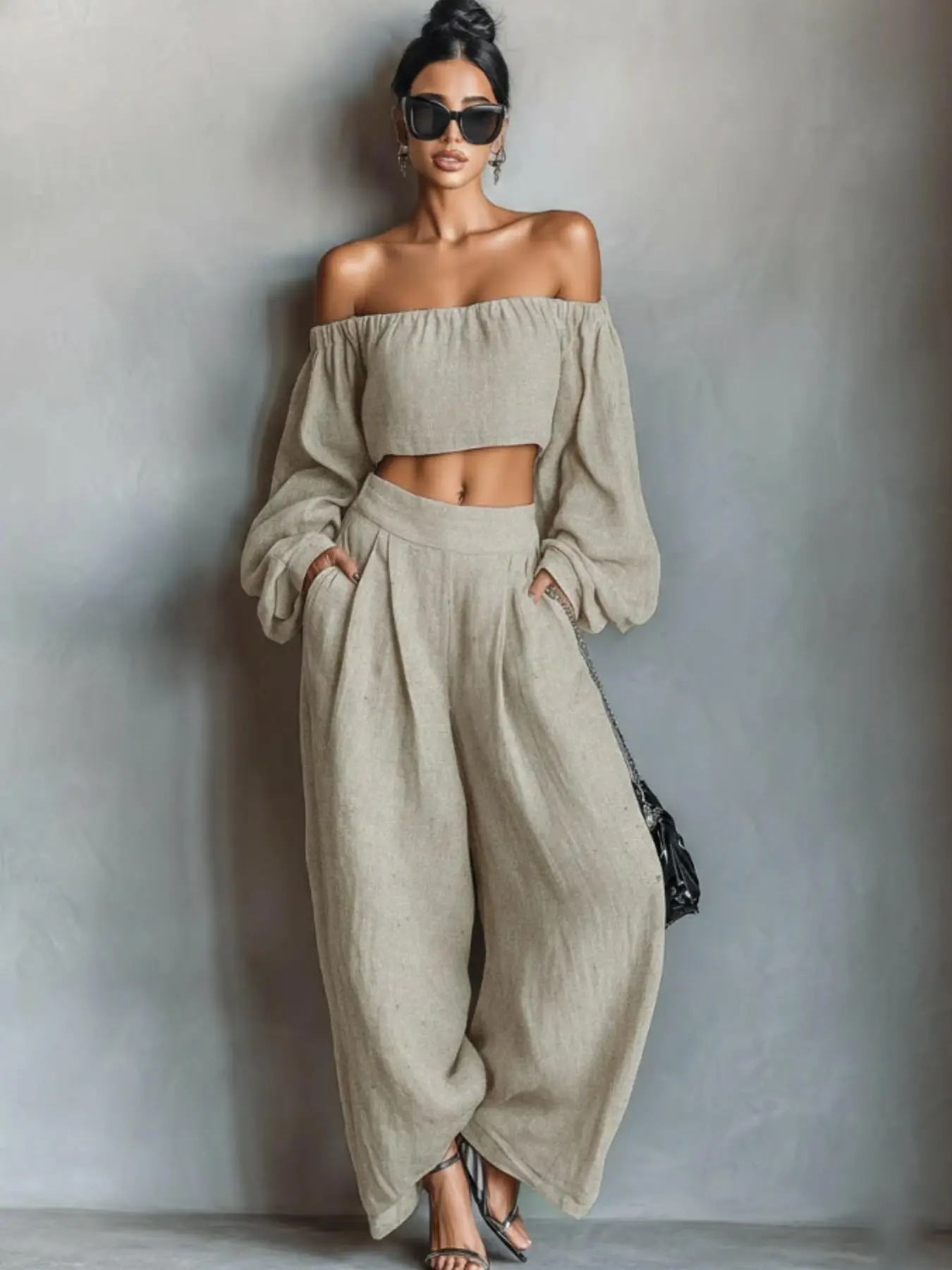 Women's Bubble Sleeve Short Top and Wide Leg Pants Two-Piece Set for Vacation, Casual Comfortable Outfit