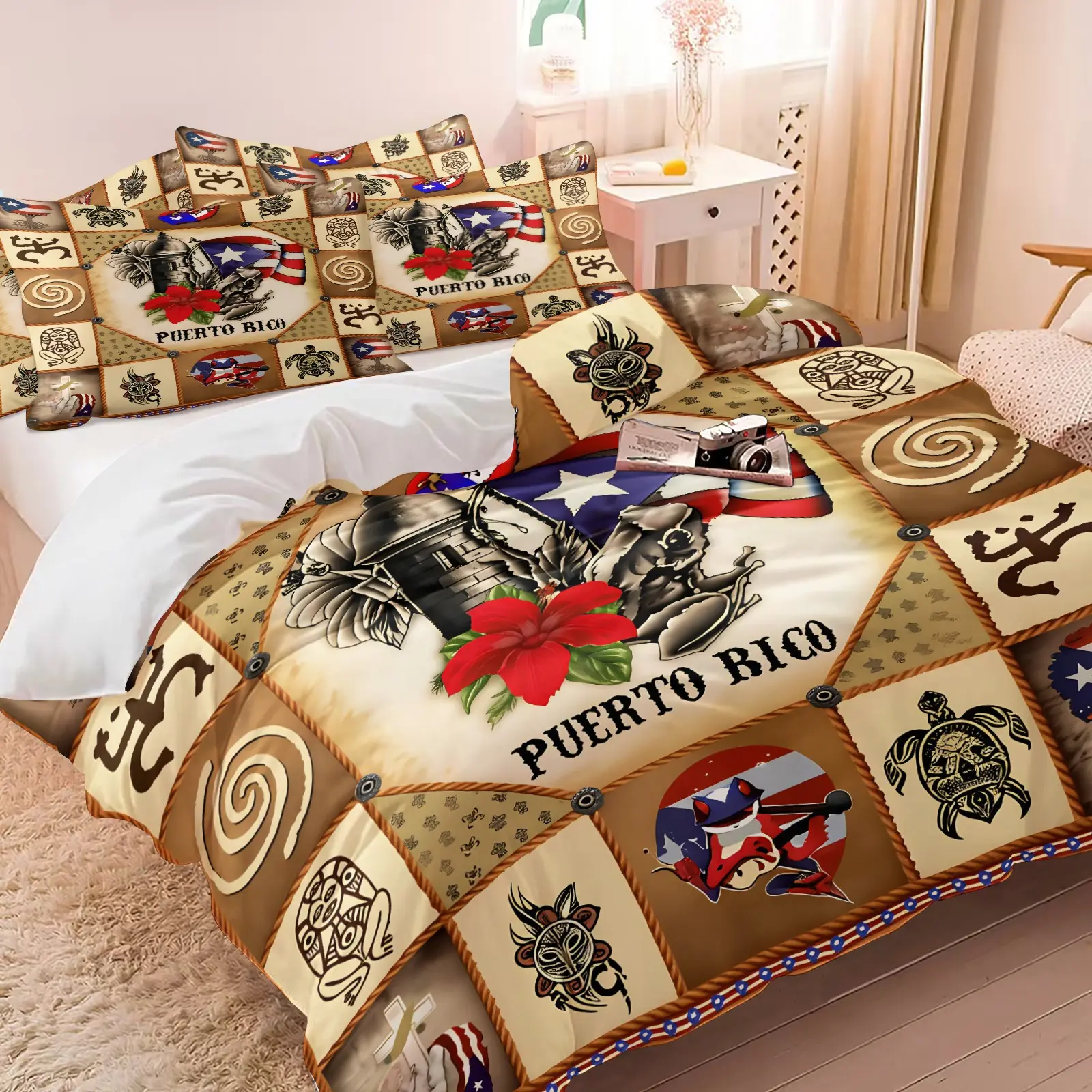 Puerto Rican Taíno Culture Duvet Cover Set - 1 Duvet & 1-2 Coreless Pillowcases - Patchwork Design Soft Skin-Friendly Breathable Bedding - Vintage Tattoo Style Bedroom Decor Gift for Cultural Enthusiasts