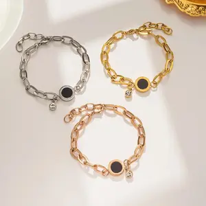 Luxury Gold Color Stainless Steel Crystal Pendant Bracelet for Women 2024 New Trendy Circle Roman Numerals Bangle Party Jewelry