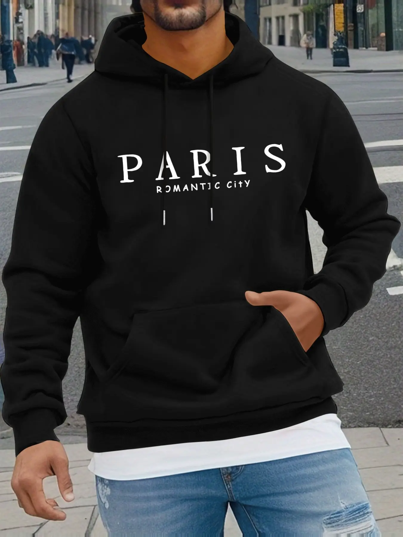 Men's Paris Print Hoodie, Long Sleeve Comfortable Casual Sweatshirt, Kangaroo Pocket, Drawstring Hat, Warm Fall Winter Top, Hip Hop Style