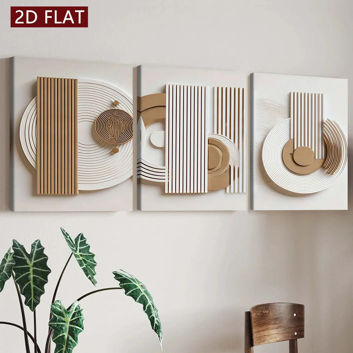 3-Piece Wooden-Framed Canvas Wall Art Set, Wabi-Sabi Geometric Pattern Abstract Prints, Modern Living Room Decor, Decoration Items, Waterproof, Gift Idea