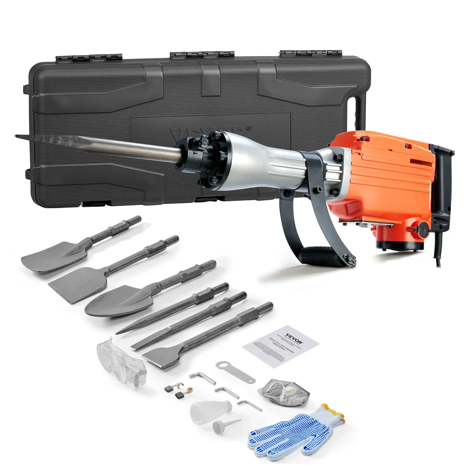 VEVOR Demolition Jack Hammer, 2200W Electric Jackhammer Heavy Duty, 1350 BPM Concrete Breaker 6pcs Chisels Bit Chipping with Case