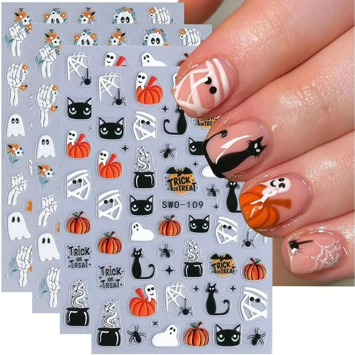 4PCS 3D Halloween Nail Art Stickers Decals, 3D Cute Ghost Black Cat Halloween Nail Stickers, Pumpkin Spider Web Skeleton Flower 3D Embossed Nail Decals Manicure Sliders for Women Nail Art Decorations