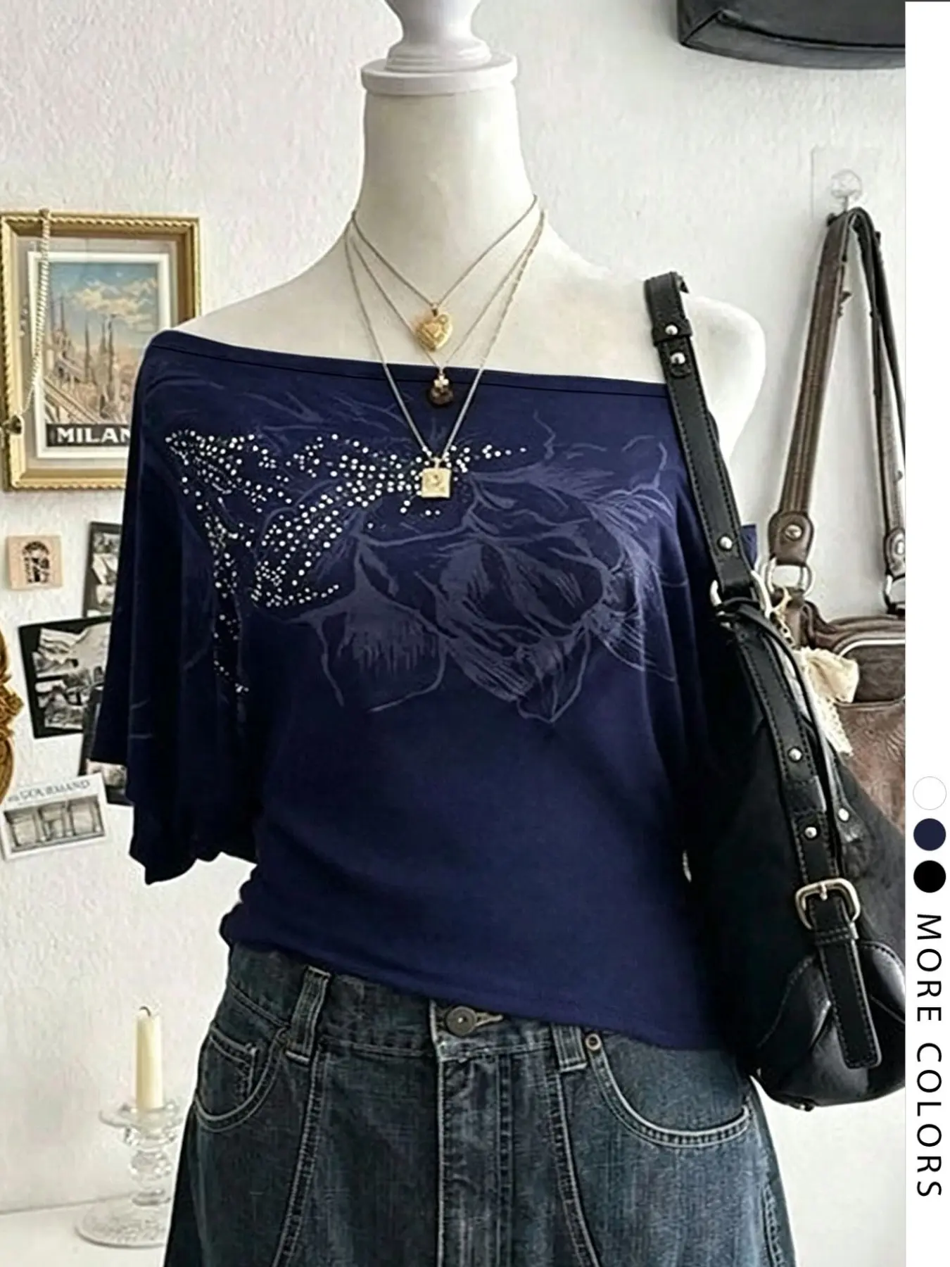 Women's Asymmetrical Shoulder Y2K Floral Print T-Shirt, Minimalist Round Neck Top, Casual Loose-Fit Gift for Friends