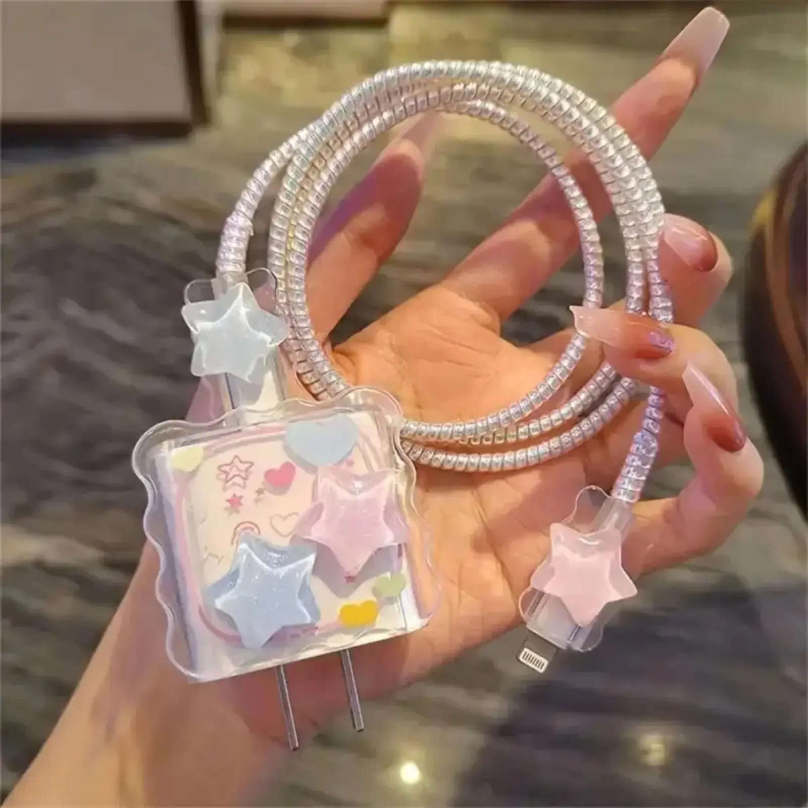 Cute Star Pattern Charger Protective Cover, Anti-break Charging Cable Sleeve. Stylish DIY ornament for bags and luggage, effectively protect charging adapters and cords