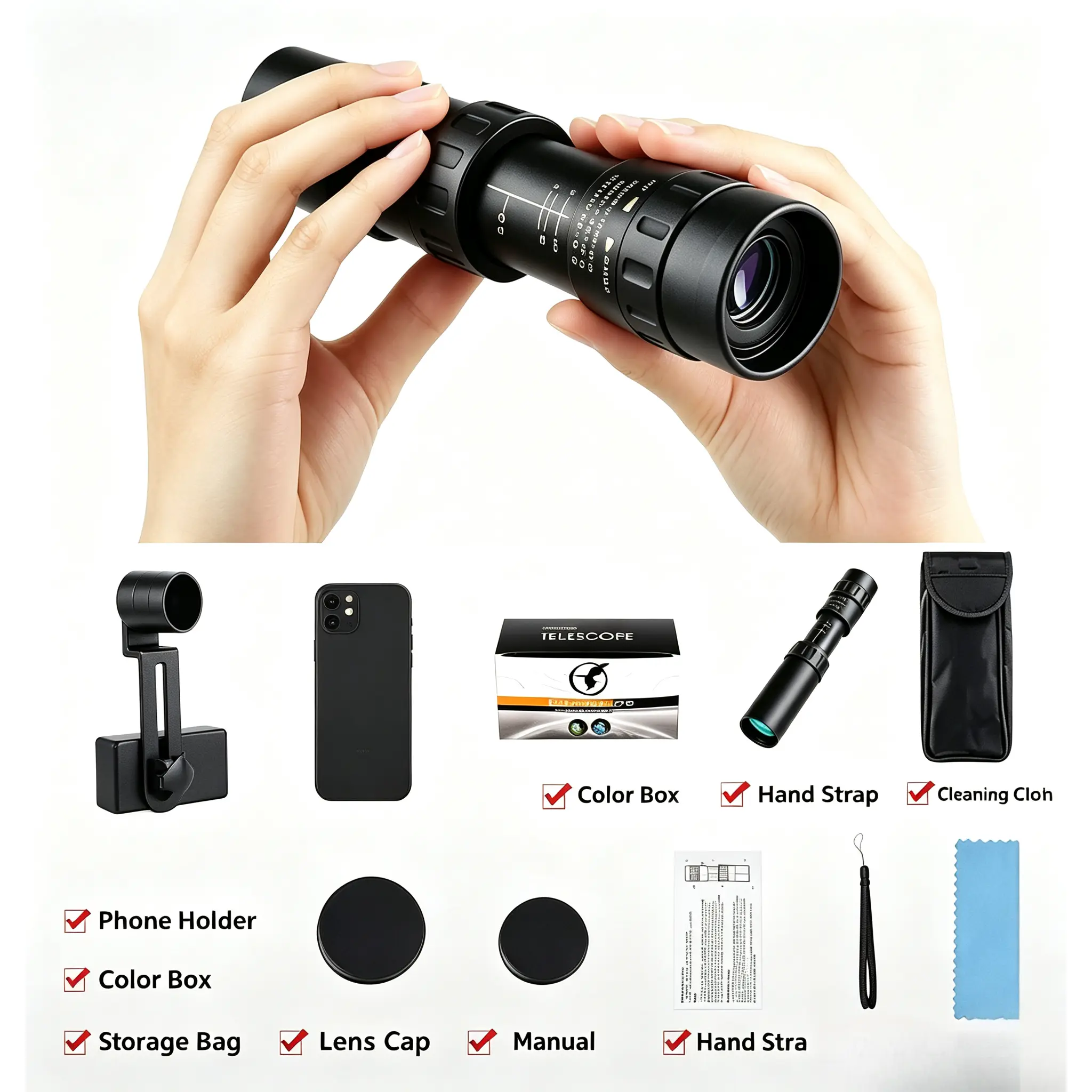 High Power 10-300x40mm Zoom Monocular Telescope for Adults, Compact Retractable Outdoor Scope with Lightweight & Durable Build for Camping, Hiking, Hunting, Wildlife Observation, and Travel Accessory