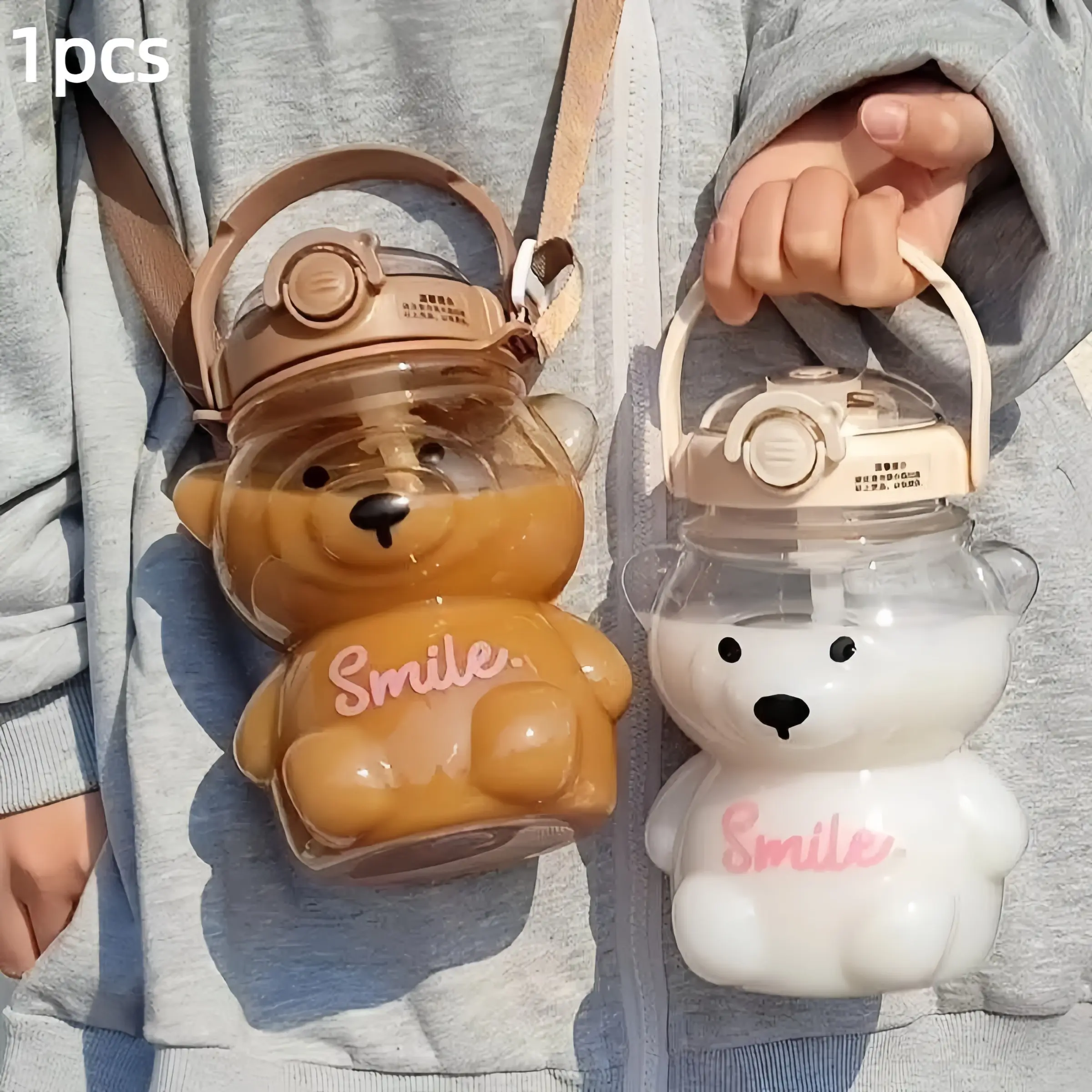 1000ML Large Capacity Bear Water Bottle, with Strap and Handle, 33.8oz Cute Plastic Straw Cup, Perfect Holiday Gift, Includes Sponge Brush, Traveler Water Bottle