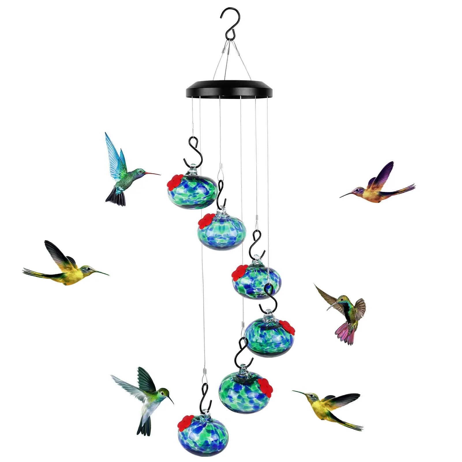 HEADAK LIFE Hanging Hummingbird Feeder for Birds - 6 Hand-Blown Glass Orbs, Perched Ports, Cascading Design, Cleaning Brush, Glass-Silicone Build, Easy Clean Outdoor Garden Decor, Bird Lover Gift for Moms