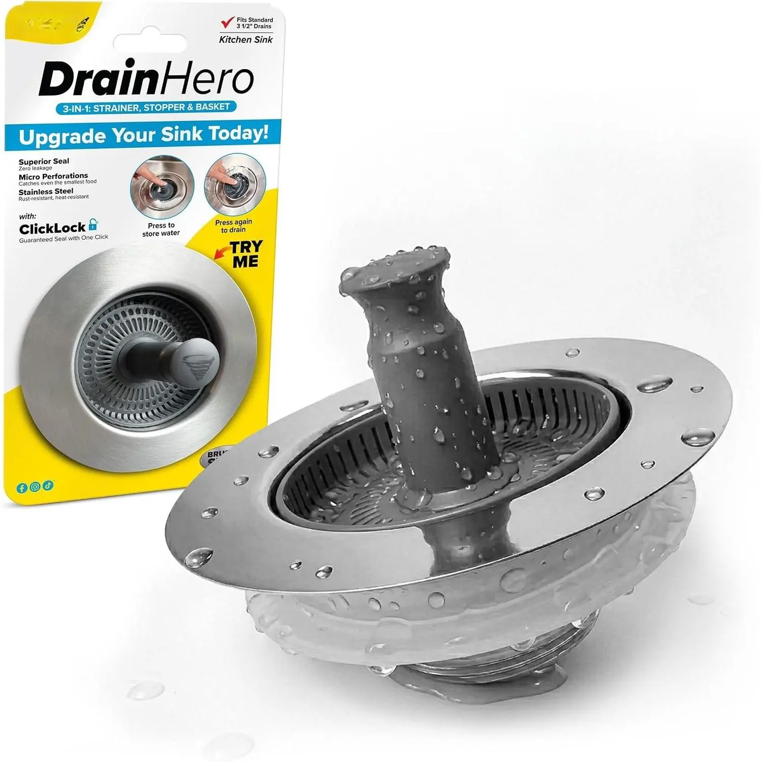 Drain  3-in-1 Kitchen Sink Strainer, Stopper, & Basket | ClickLock Technology |  Fit 3.5" Drain Protector | Rust-Proof Stainless Steel