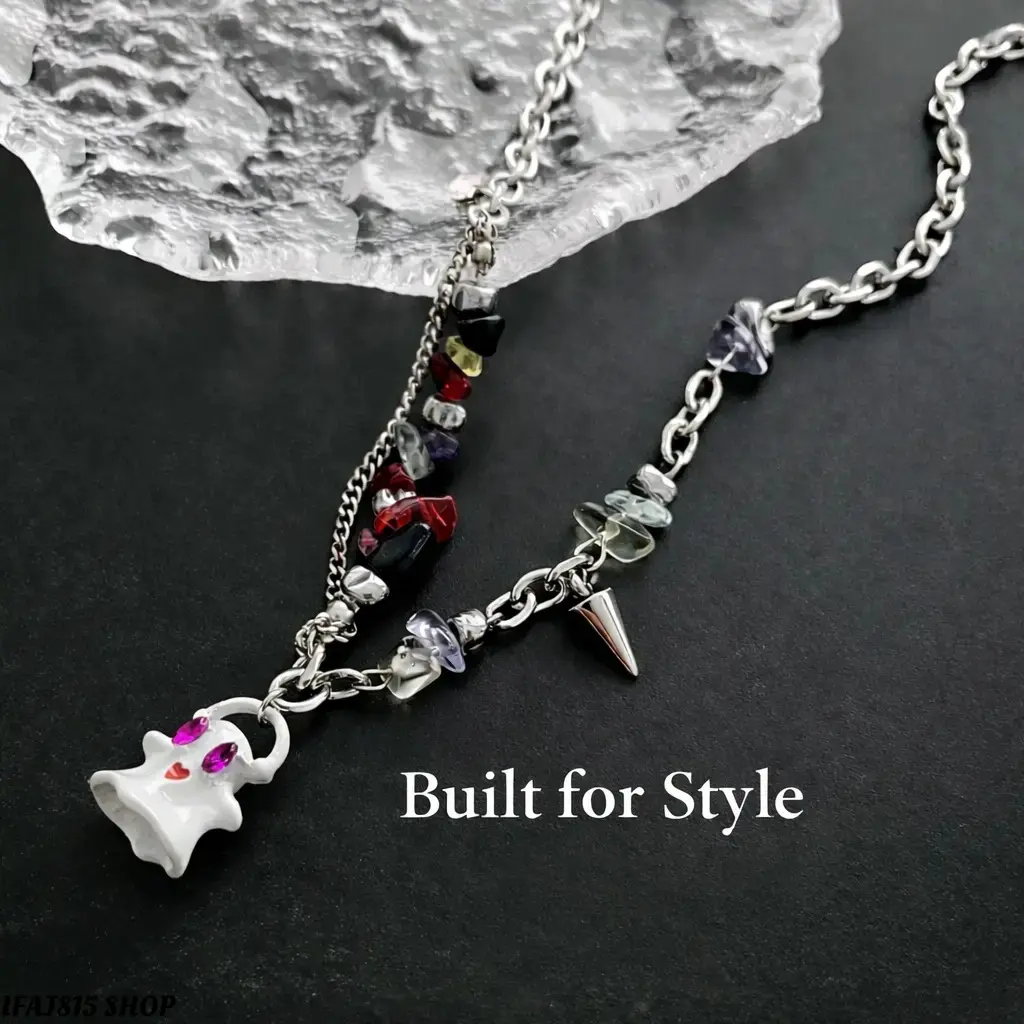 Ghost Necklace Y2K Beaded Chain Necklace, Cute Spooky Pendant Jewelry for Women Men, Trendy Gothic Aesthetic Statement Accessory for Halloween, Parties, Festivals & Everyday Wear
