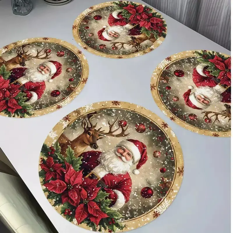 Set of 4 Christmas Placemats, 15.75" Round Dining Table Mats, Non-Slip Waterproof Washable Place Mats with Santa Claus & Reindeer Print for Holiday Decor