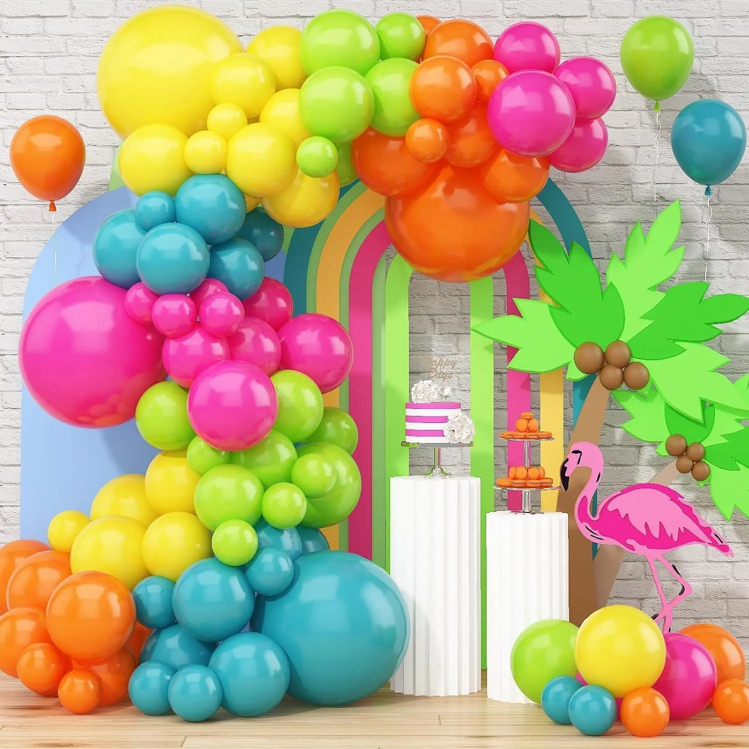 141 Pcs Rainbow Neon Balloon Arch Kit, Hot Pink Lime Green Orange Slate Blue Yellow Latex Hawaii Summer Tropical Balloon Garland for Hawaiian Luau Aloha Birthday Pool Back to School Party Decorations