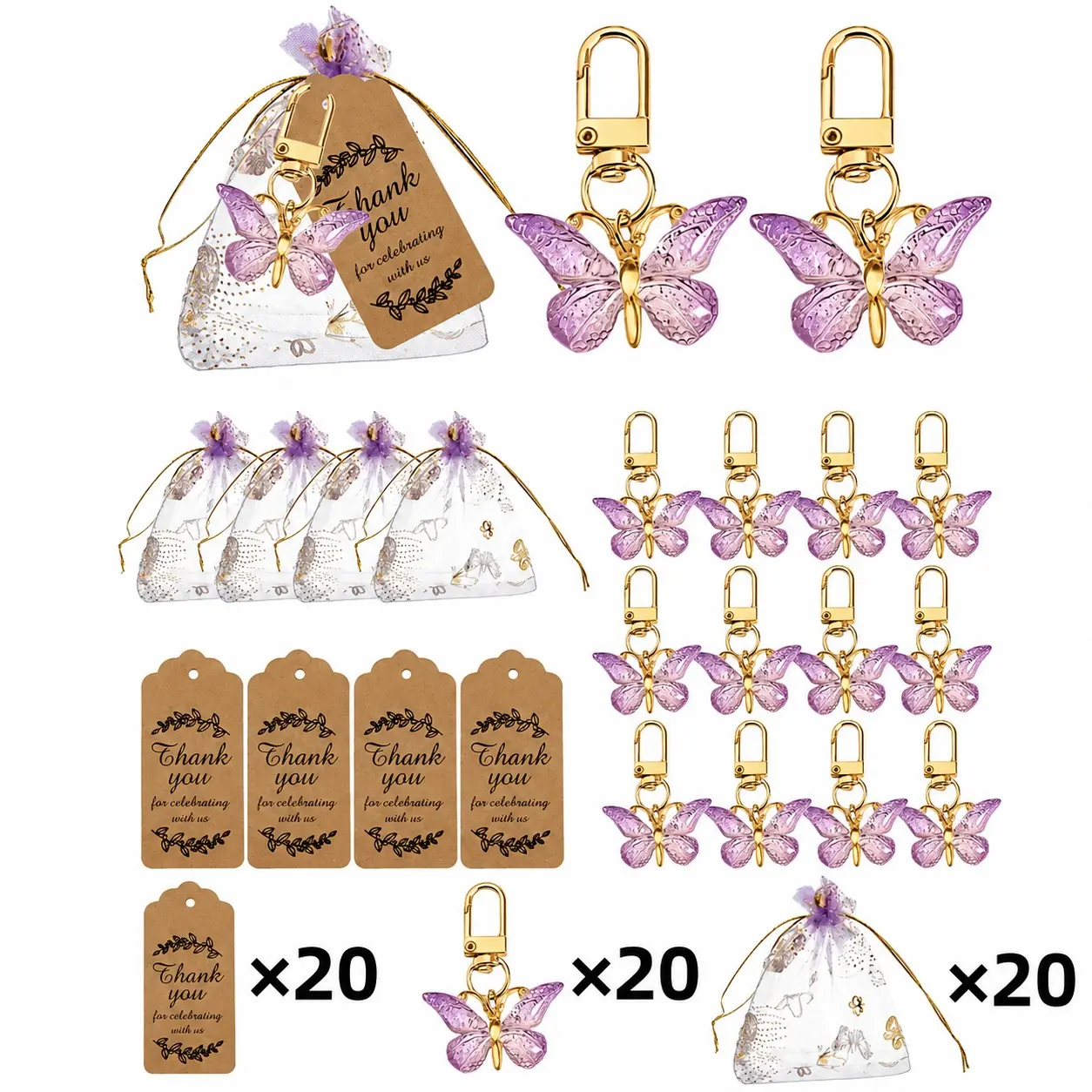 60pcs/20sets Butterfly Keychains fashionable alloy keychain Baby Shower Gift Set, Butterfly Keychain Thank You Card, Gradual Acrylic Pendant, Wedding Party Gifts