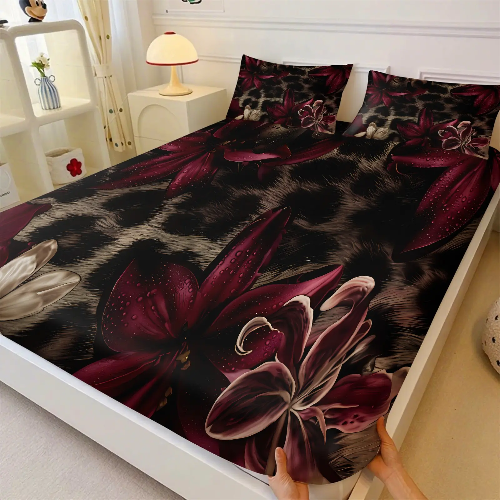Moody Luxury Leopard Red Lily Fitted Sheet 3 Pieces Set, 1 Bedskirt and 2 Pillowcases without Core, Retro Dew Large Floral Print Full Wrap Mattress Cover, Elastic Anti Slip Breathable Durable Aesthetic Bedspread, Soft and Skin-friendly