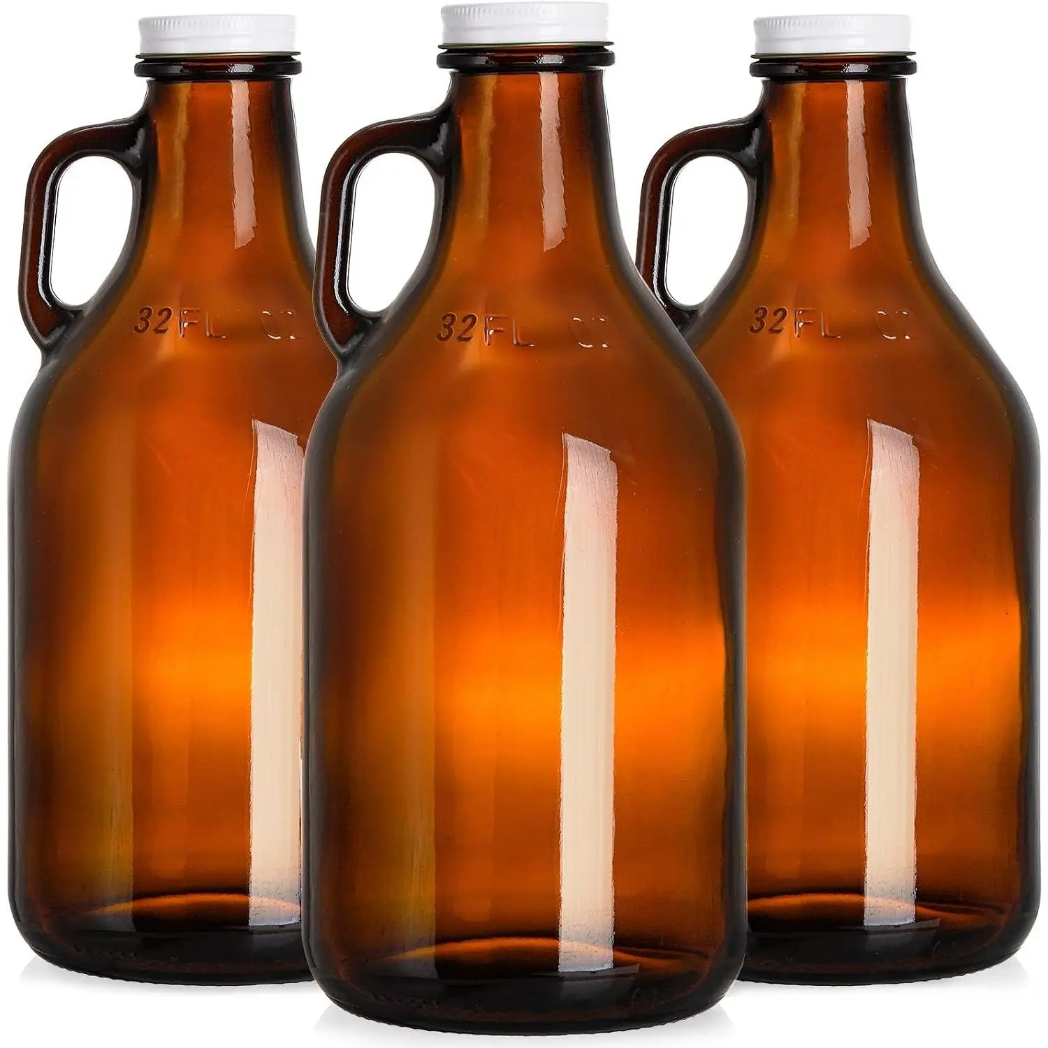 3 Pack 32 oz Amber Glass Growler Jug with Lids and Handle, Ideal for Beer, Home Brewing, Kombucha, Distilled Water