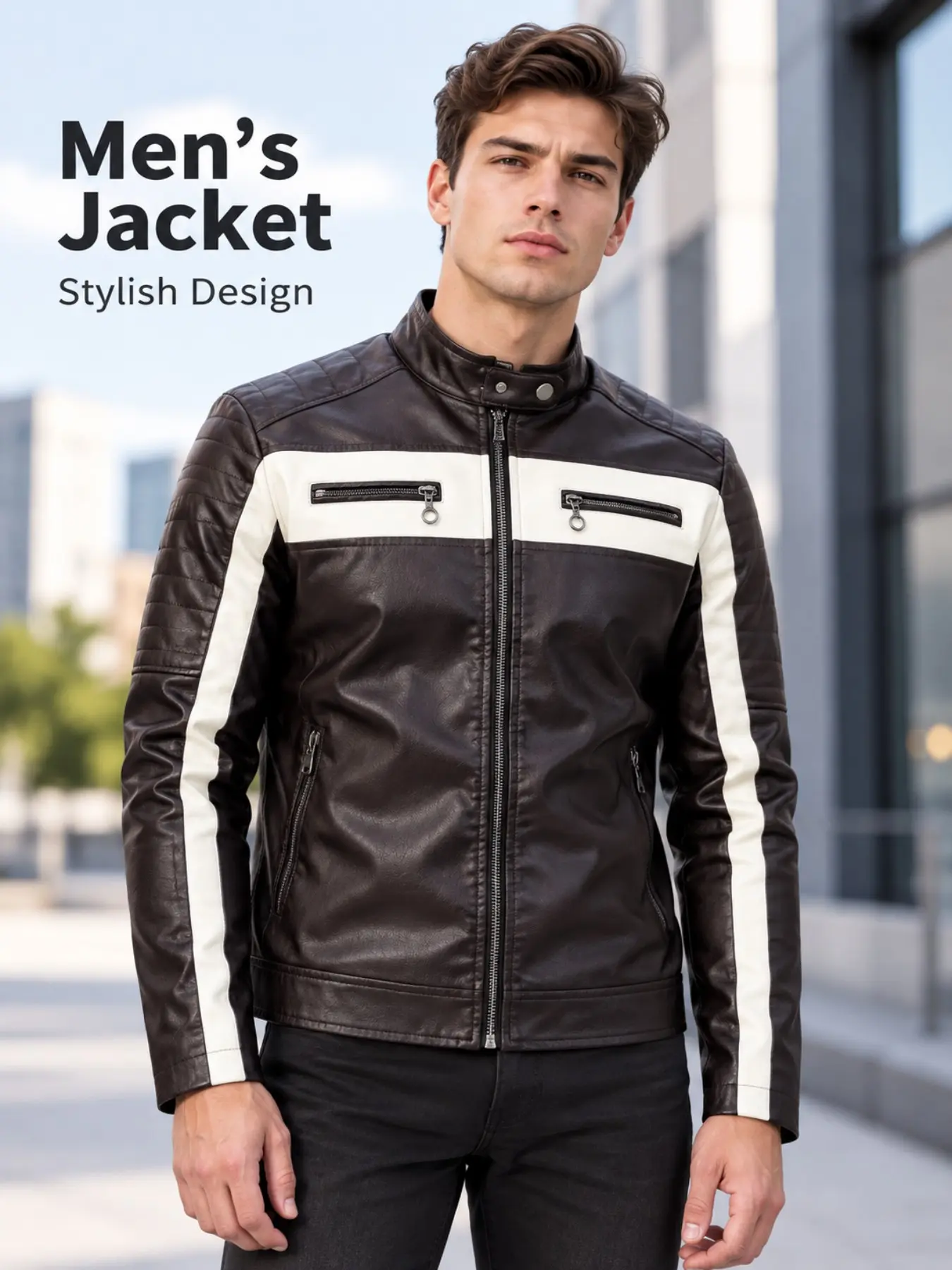 Vintage Motorcycle Style Patchwork Leather Jacket for Men, Colorblock Stand Collar Jacket, Multiple Zip Pockets, Slim Fit Riding Casual Outerwear
