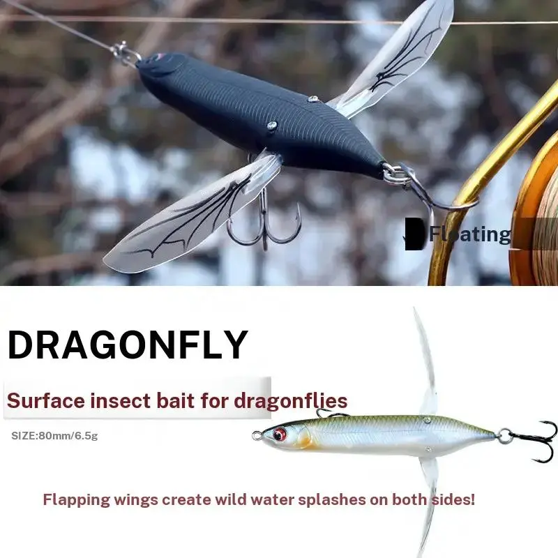 0mm 6.5g Dragonfly Topwater Fishing Lure, Bionic Insect Crawler Floating Popper Lure, Realistic Dragonfly Shape Vivid Swimming Posture, Strong Water Disturbance High Fish Attraction, Lightweight Easy Long Cast Hard Bait, Universal Freshwater Artificial