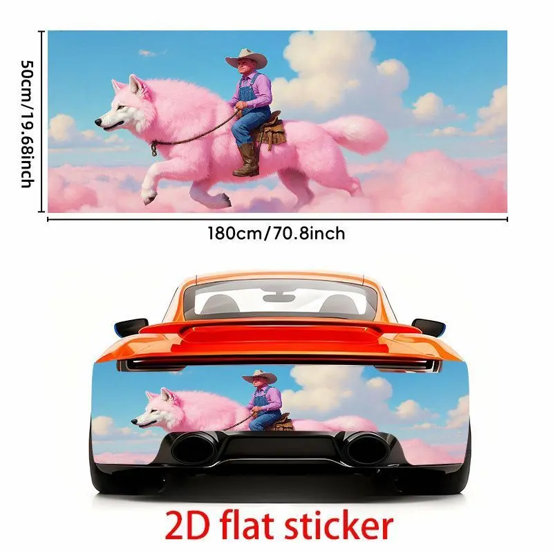 1pc 19.69* 70.87inch Whimsical Pink Werewolf and Cowboy Car Sticker- Waterproof Sky Cloud Scene Rear Door Bumper Decal, Self-Adhesive Easy to Apply, Weather Resistant, Surreal Dreamy Design, Suitable for Various Vehicles