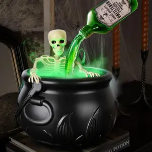 Halloween Indoor Ambiance Decoration – Skull Fire Cauldron Set featuring eerie mist effects with LED lights; includes a cauldron mist maker, magic potion bottles with decals, and a skull prop—perfect for kitchens, fireplace mantels, and party decor
