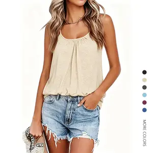 Danedvi Lady's Cotton Fabric Summer Tunic Tank Tops - Casual Spaghetti Strap, Banded Bottom, Loose Camisole, Side Shirring, Lace-Up Design for Beach,summerwins,summeroutfits,vacationoutfits,beachoutfits