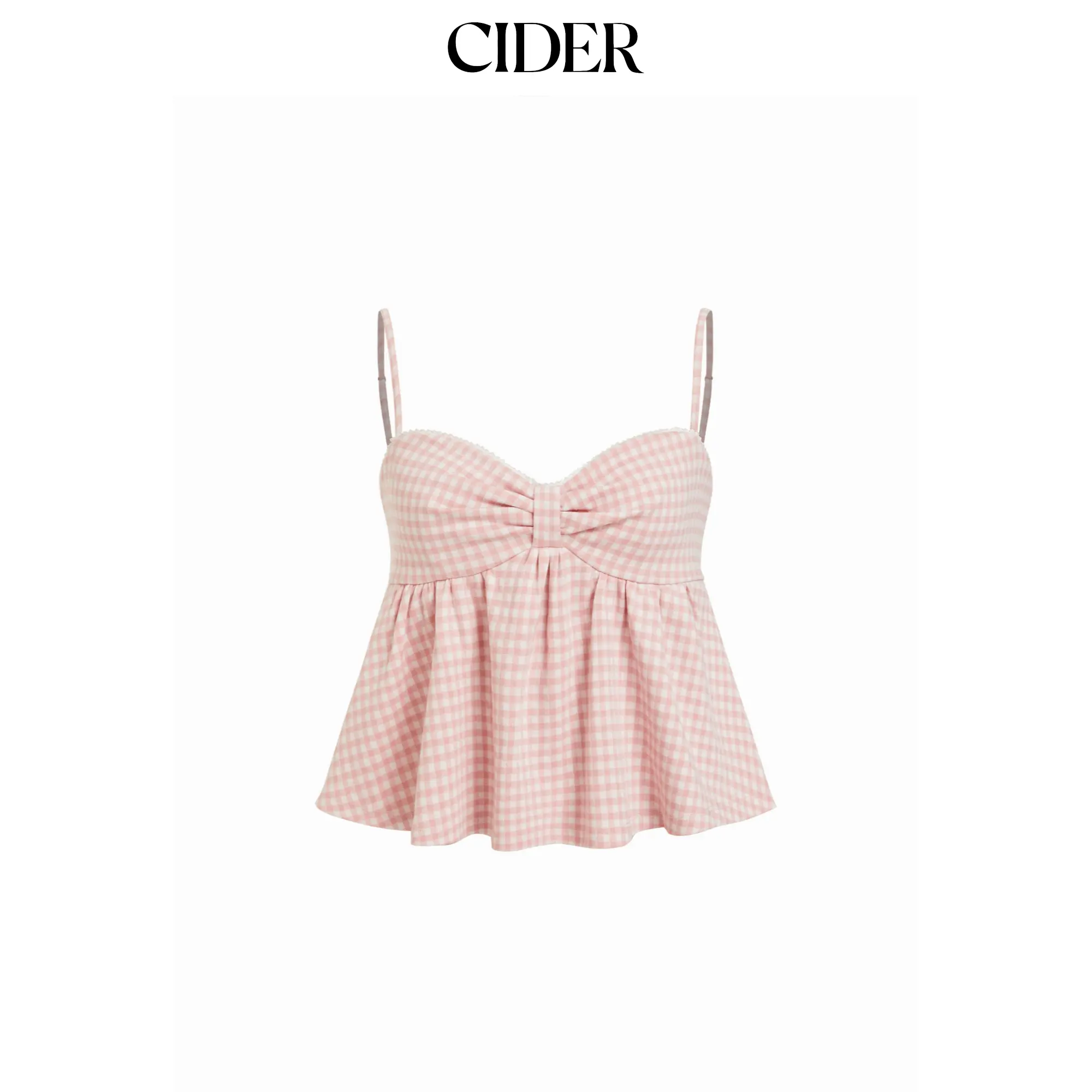 Cider Gingham Sweetheart Neck Bowknot Peplum Crop Cami Top