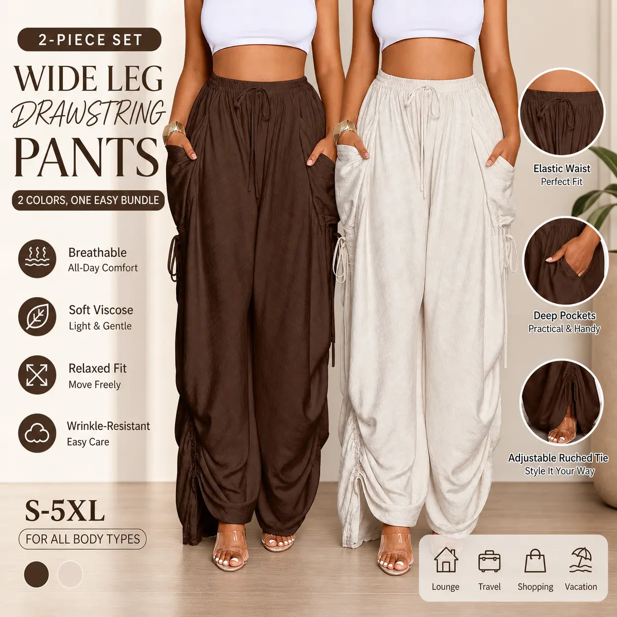 Women’s Wide Leg Pants 2 Piece Set, High Waisted Drawstring Palazzo Pants, Casual Loose Fit Viscose Trousers with Deep Pockets, Lightweight Breathable Summer Pants for Women, Comfy Lounge Travel Vacation Outfit, Relaxed Fit Elastic Waist Pants S-5XL
