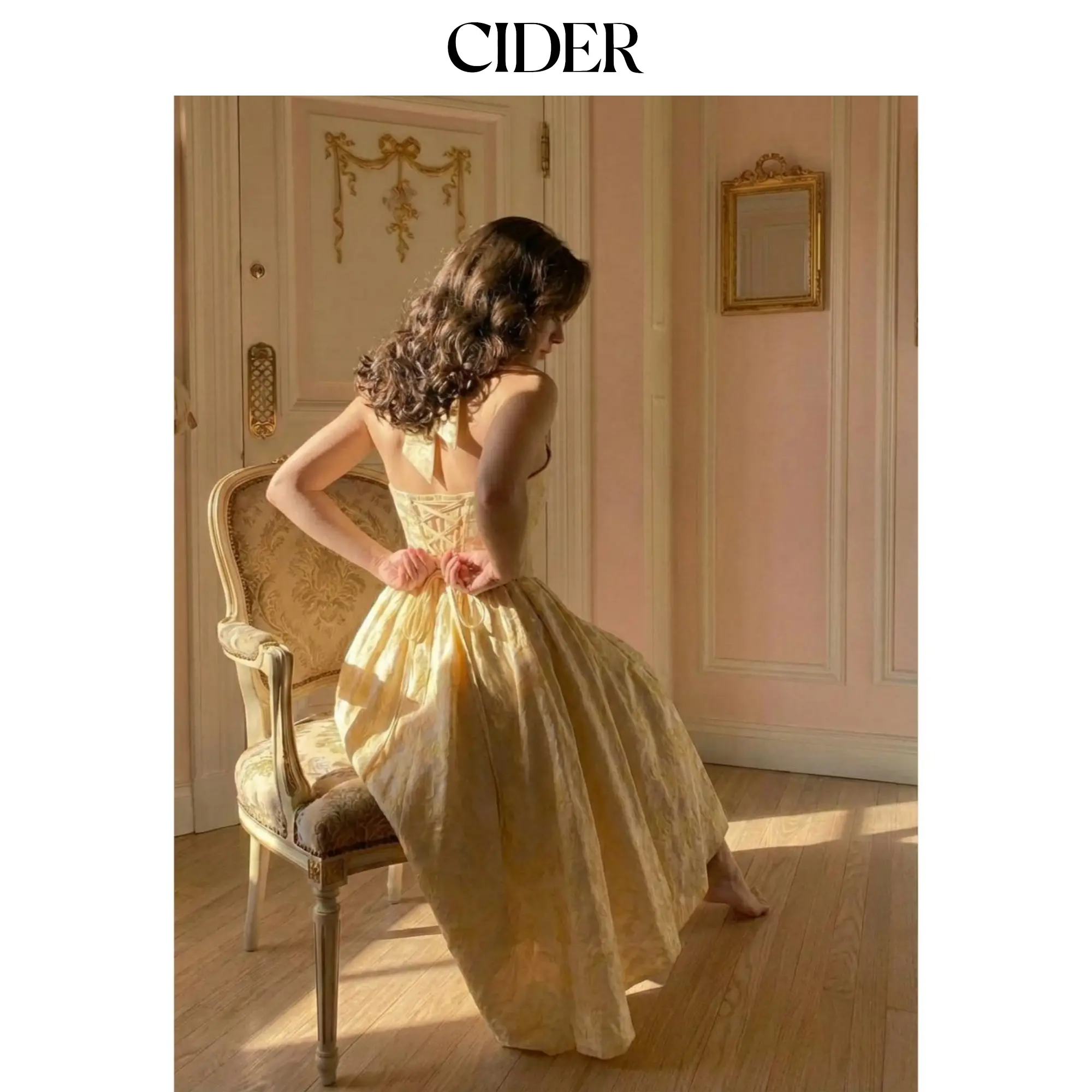 Cider Jacquard Ruched Lace Up Bandeau Flared Maxi Dress With Bowknot Scarf