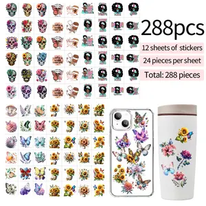 288pcs UV DTF Wrap Sticker Set, 12 Sheets with 24 Mini Stickers Each, Transfer Decals for Phone Cases, Cups, Notebooks, Laptops, And Decoration