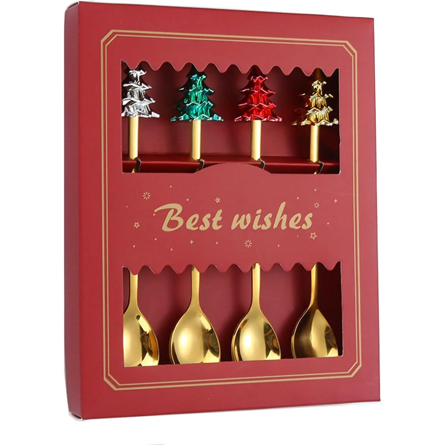 4 count Christmas Spoons with Red Paper Box Creative Christmas Tree Stainless Steel  Spoons for Coffee Dessert  Soup Dinner Tableware Party Supplies