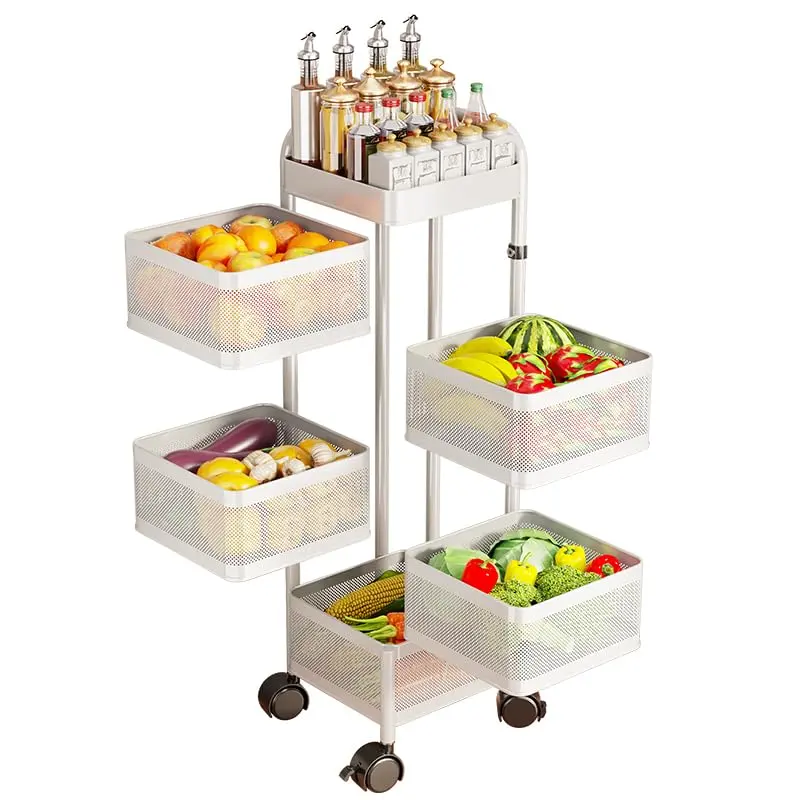 Space-Saving Rotating Kitchen Storage Cart, 5-Tier Thickened Carbon Steel Organizer with Wheels and Top Lid, Fruit Vegetable Basket Rack, Black/White