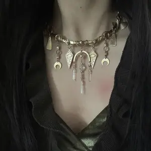 Handmade Brass Crystal Choker Necklace, Vintage Desert Aesthetic with Moon, Star, and Eye Charms, Clear Quartz and Tassel Details, Boho Wasteland Style, Unique Statement Piece for Festivals and Cosplay