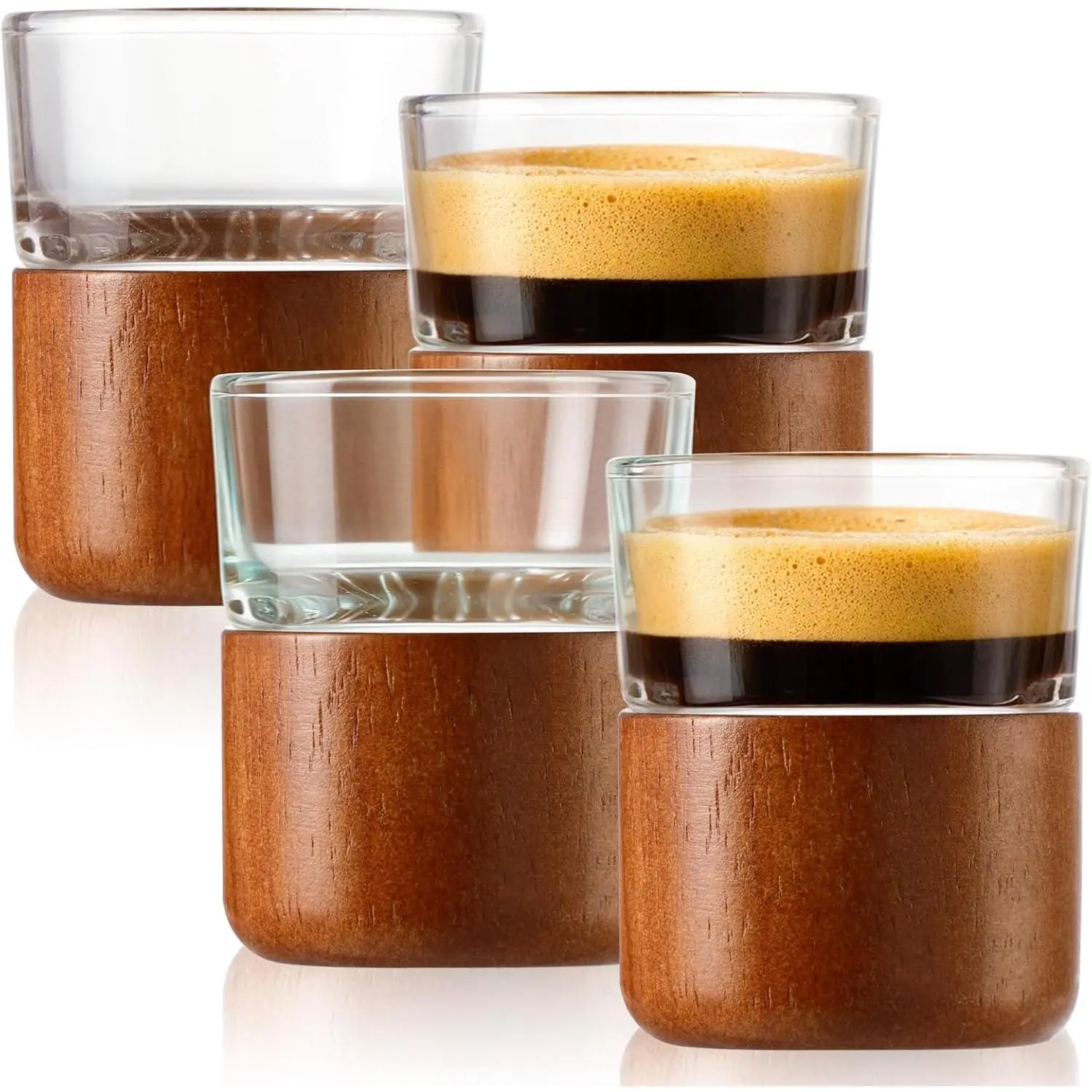 Espresso Shot Cups Set of 4, 2.8 OZ Glass Cups with wooden Sleeve, Shot Glasses, Clear mug, Espresso Accessories for Machine, Small