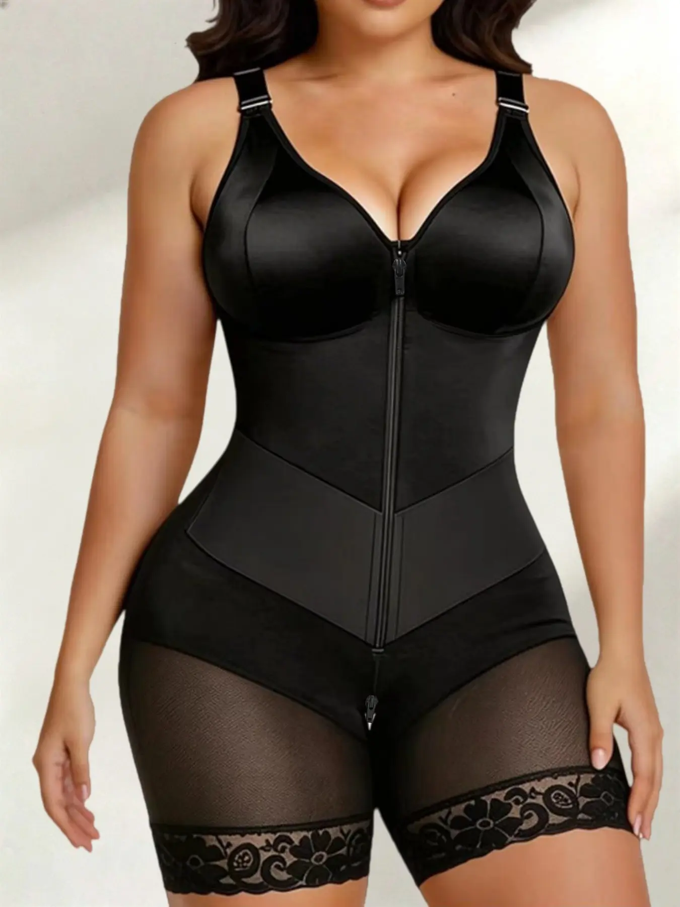 1 Count Women's Breathable Bodysuit, Full Body Shapewear, Colombian Shapewear, Zipper Closure Jumpsuit, Lace Trim Body Shaper, Adjustable Shoulder Strap Shapewear Bodysuit, V-Neck Skin-Friendly Shapewear, Ideal For Special Occasions