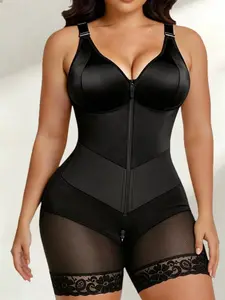 1 Count Women's Breathable Bodysuit, Full Body Shapewear, Colombian Shapewear, Zipper Closure Jumpsuit, Lace Trim Body Shaper, Adjustable Shoulder Strap Shapewear Bodysuit, V-Neck Skin-Friendly Shapewear, Ideal For Special Occasions