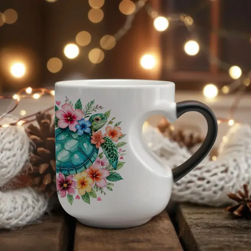 Heart Handle Thermochromic Mug, Tropical Turtle Flower Ocean Print, Color Changing Coffee Cup, Beach Gift