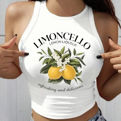 Women's Lemon Liqueur Print Round Neck Tank Top, Casual Sleeveless Top for Summer, Women's Clothing for Daily Wear, Comfy, Casual Tank Tops