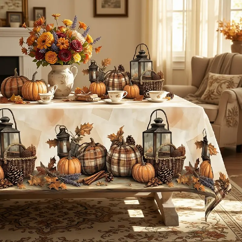 Fall Harvest Pumpkin Tablecloth, Washable Polyester Table Cover, Available in Round/Rectangle/Oval, White Brown Decor with Pumpkin Lantern Basket Pinecone for Thanksgiving Dinner Autumn Porch Seasonal Fall Dining Decor