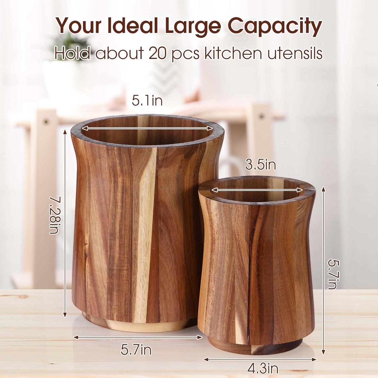 2 count Wooden Utensil Holder 360? Rotating Kitchen Utensil Holder 7.3" and 5.7" Large Cooking Tool Organizer Crock for Kitchen Countertop Farmhouse  Decoration