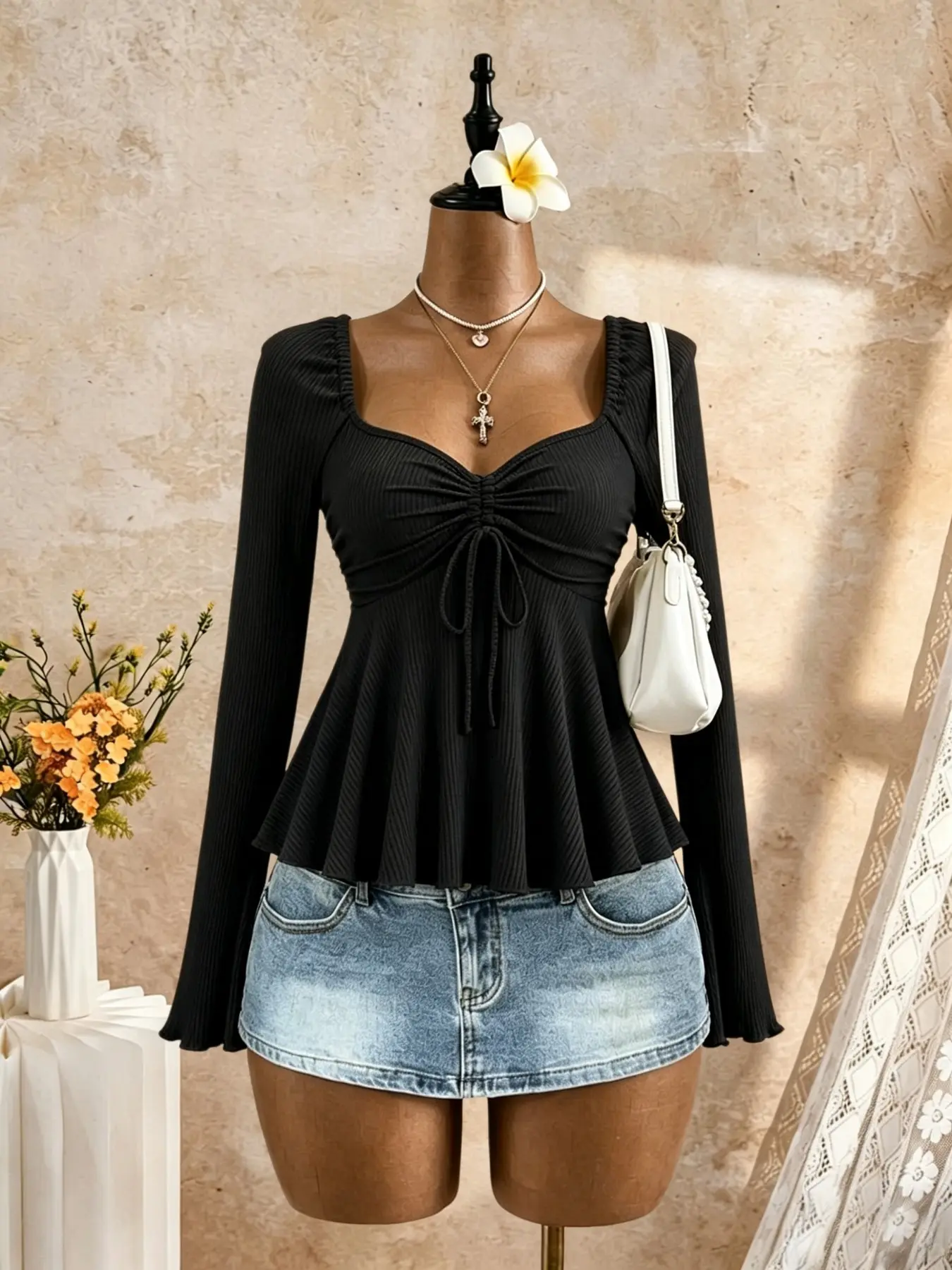 Elegant Women's Flared Top Blouse, Sweet V-Neck Front Tie Wrinkle Long Sleeve Shirt, Ruffled Hem Fitted Casual Dress, Perfect for Daily Wear