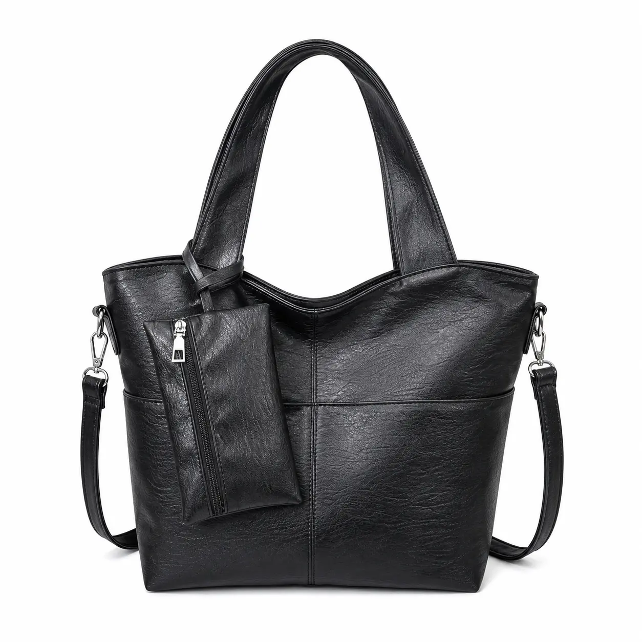 Women's Chic Oversized Structured Tote Bag - Soft Synthetic Leather, Detachable Zipper Pouch, Office Commuter Essential, Plain Design, Convertible Shoulder/Crossbody/Hand Carry (Black, Yellow, Brown, Dark Gray, White, Wine Red), Large
