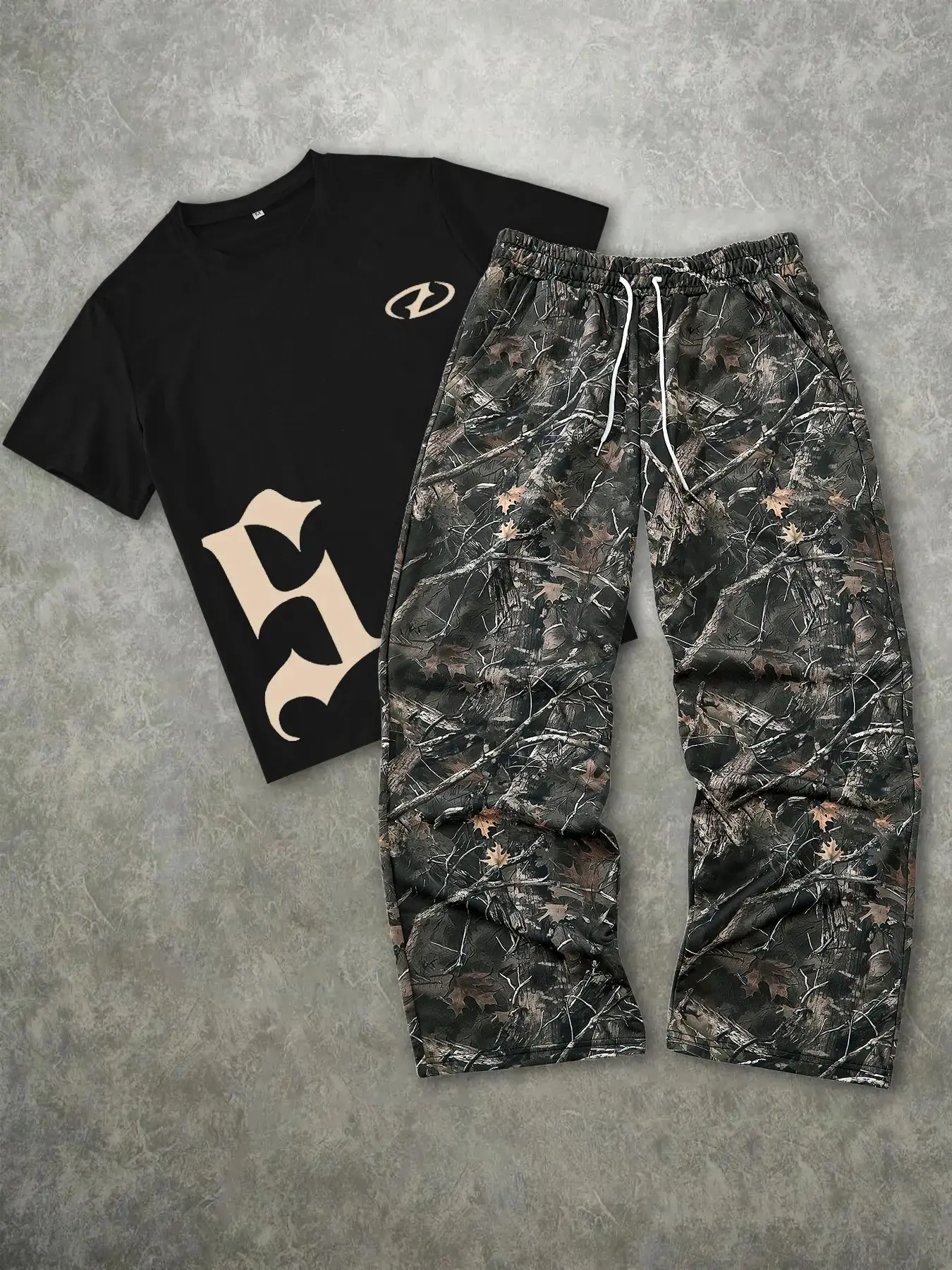 Men's Fashion Street Vintage Camo 2-Piece Set, Letter Print Short Sleeve T-Shirt & Leaf Camo Wide Leg Pants, Outdoor Adventure/street Style Streetwear#MensFashion #DrawstringPants #OversizedTee #CasualMatchingSet #DailyStreetOutfit #RetroGraphic