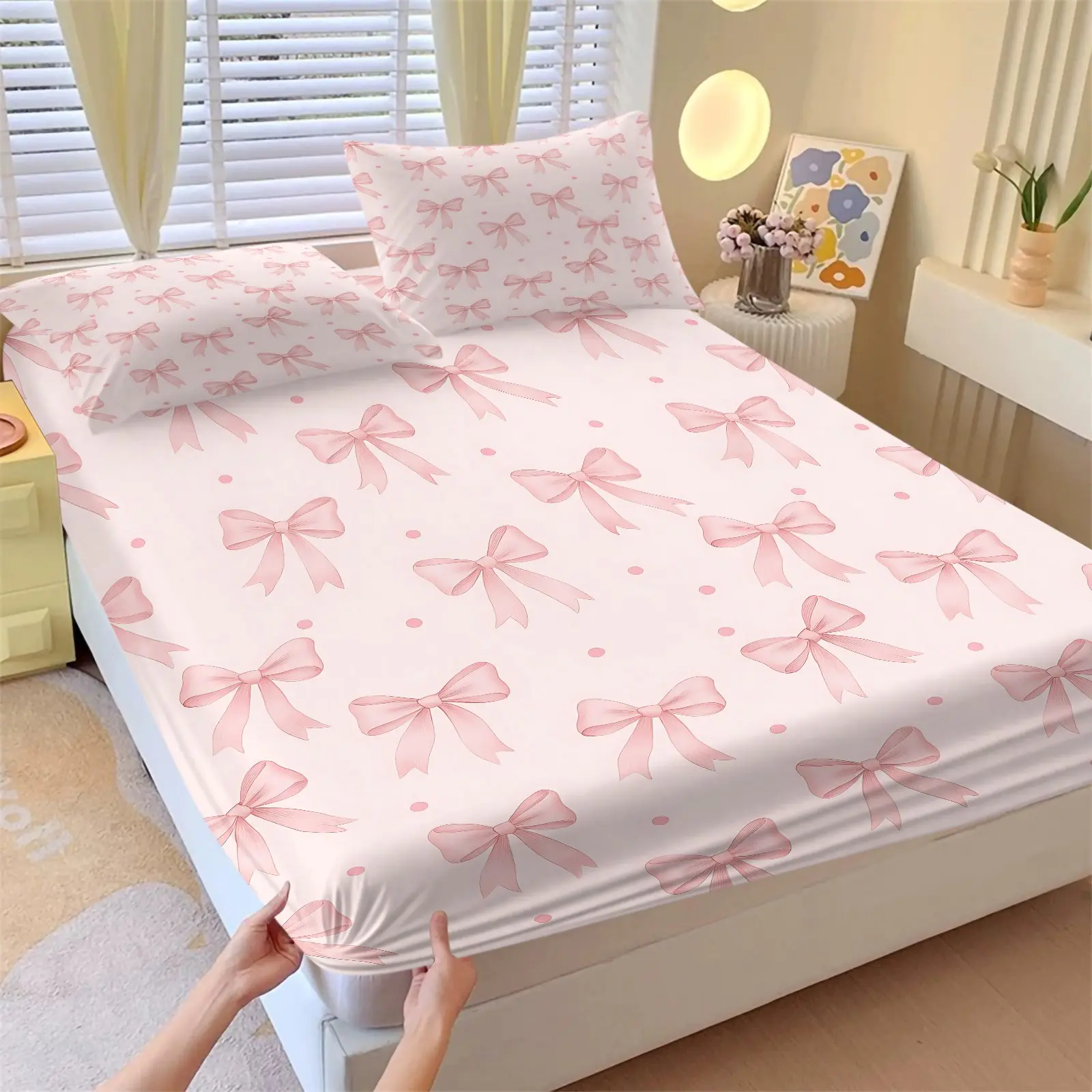 Korean Ins Style Pink Bow Grid Printed Fitted Sheet Set, Include 1 Bedspread and 2 Pillowcases without Core, Full Elastic Edges Deep Pocket Mattress Cover, Stain Resistant Dustproof Anti-Slip Bedcap, Minimalist Aesthetic Bedroom Bedding Decor