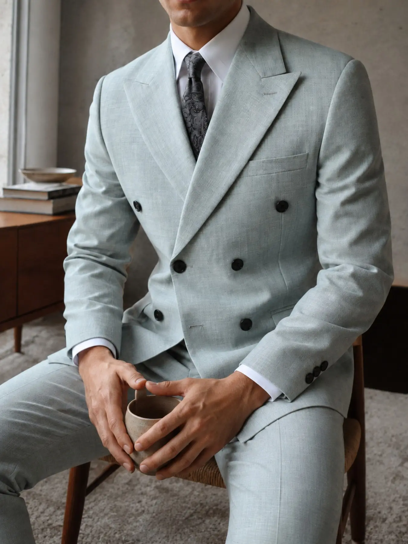 Men's Light Blue Double Breasted Suit Set, Premium Textured Polyester Blend, Tailored Fit Blazer and Pants, Elegant for Special Occasions